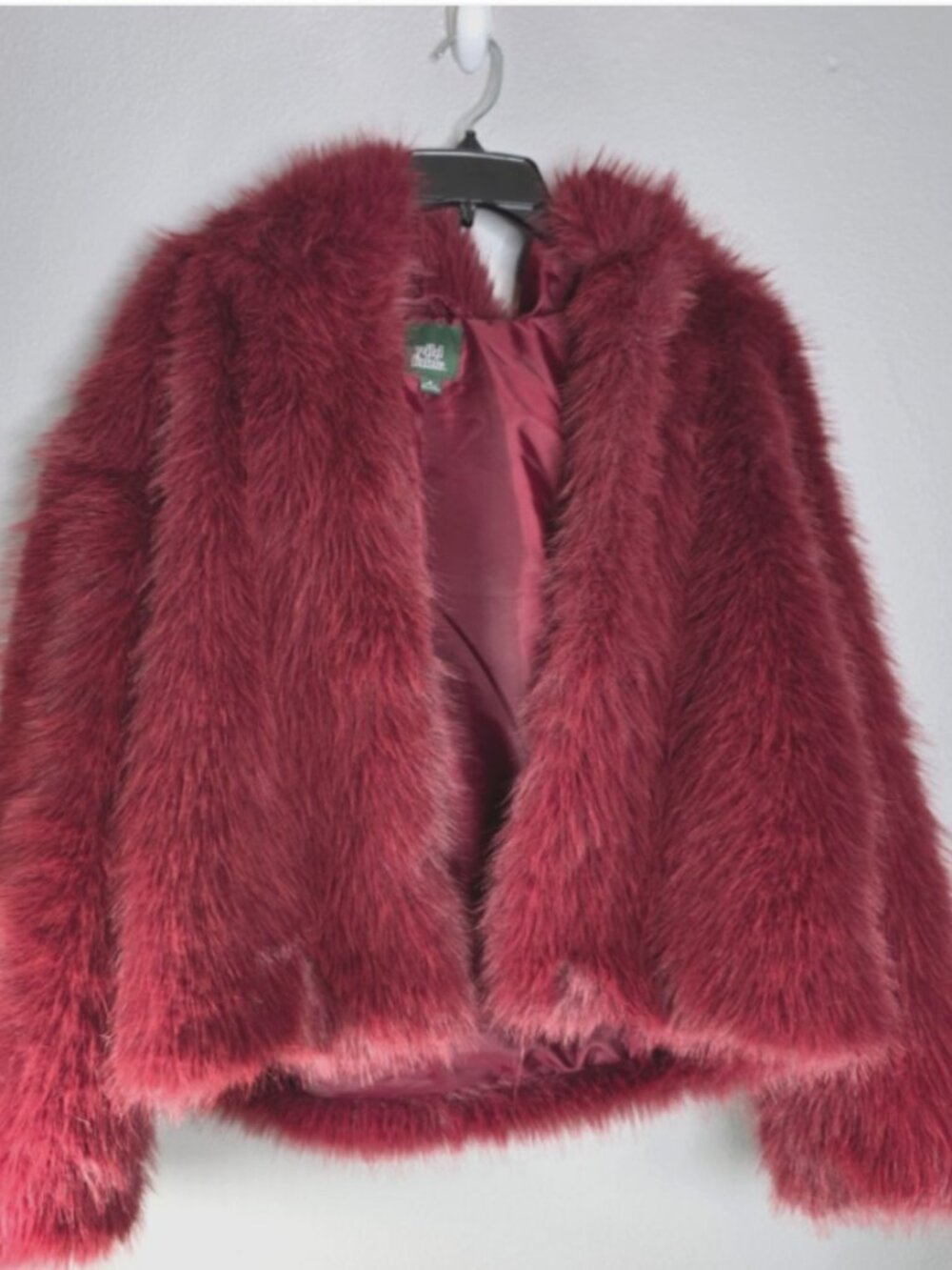 Wild Fable Faux Fur Hooded Jacket Burgundy Hook Eye Open Front Coat Women Medium